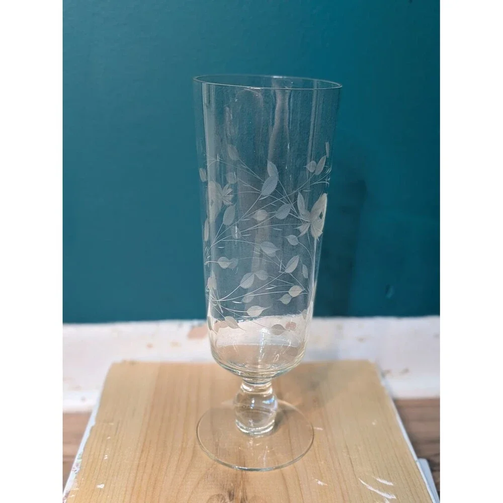 Vintage Etched Cut Floral Crystal Glass Footed Vase 10”